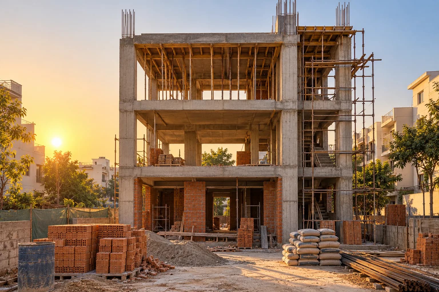 Three-storey house under construction with an RCC frame, scaffolding and stacked bricks at sunset