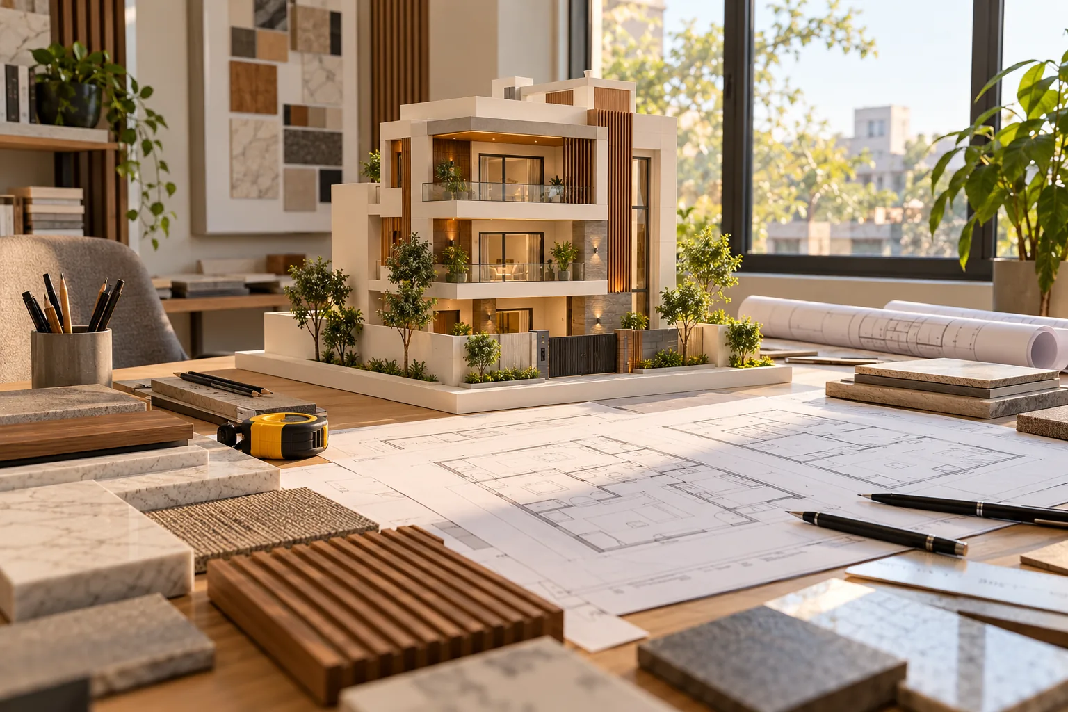 Architectural model of a modern house on a desk with floor plans, material samples and drawing tools