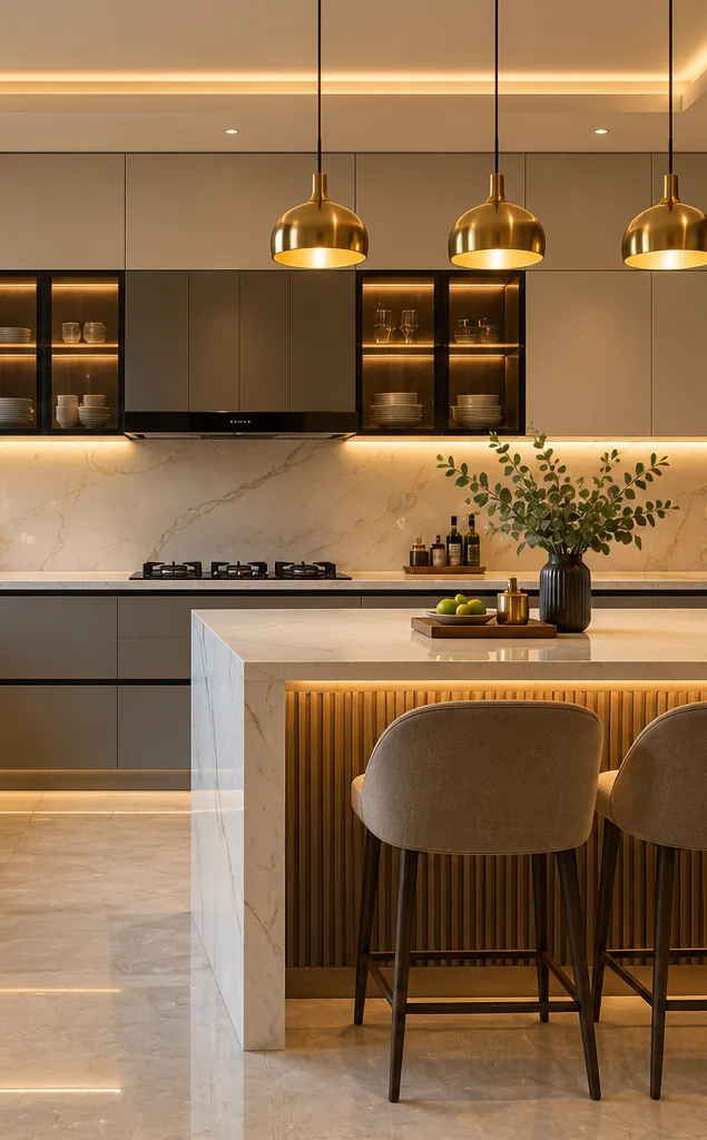 Modular kitchen with grey and white handleless cabinets, a quartz island with bar stools and brass pendant lights