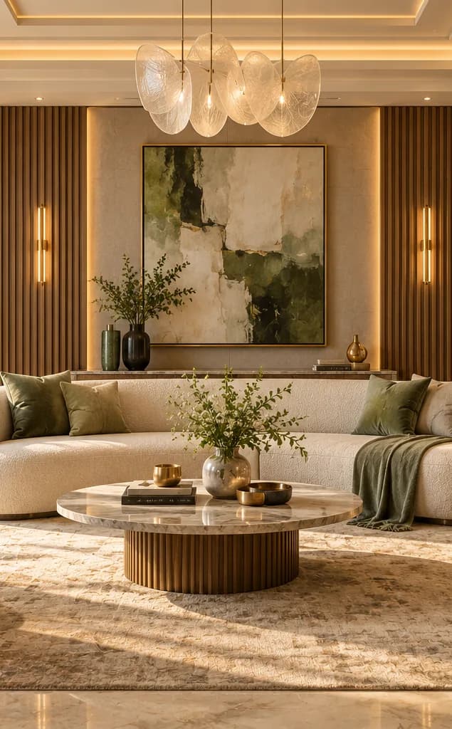 Drawing room with a curved cream sofa, sage green armchairs, fluted wood panels and a cove-lit ceiling